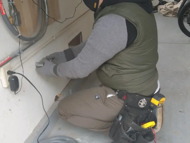 Electrician performing outlet wiring in a Interlaken garage